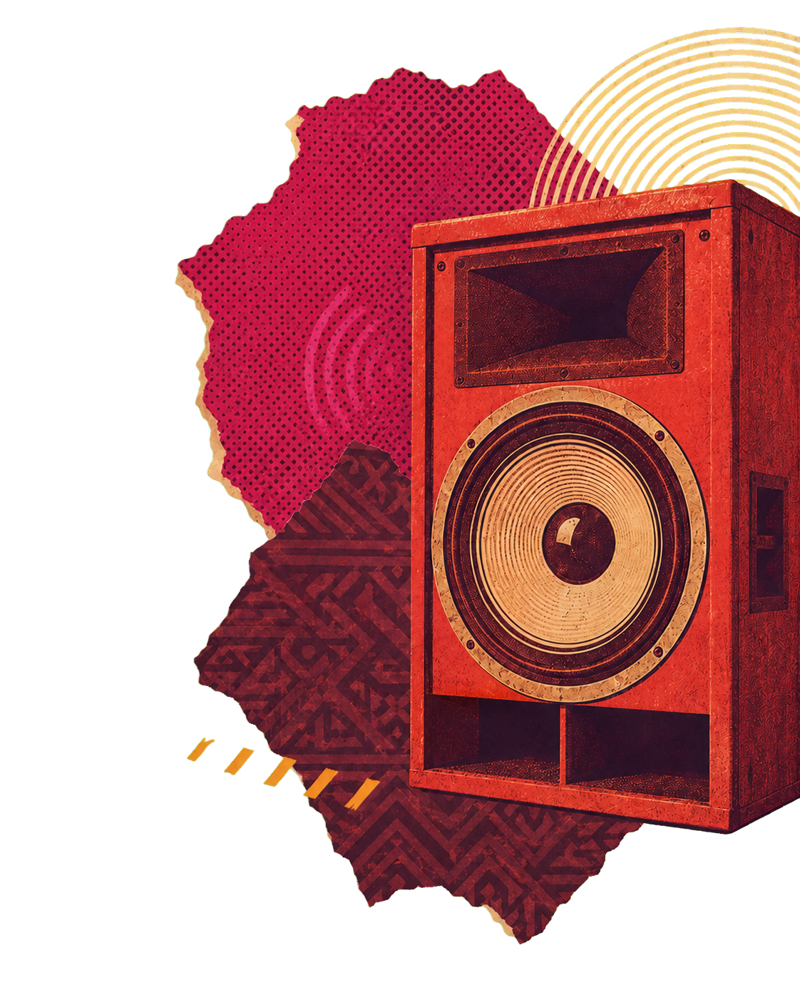 Cut-paper collage of a sound-system speaker with vinyl arcs